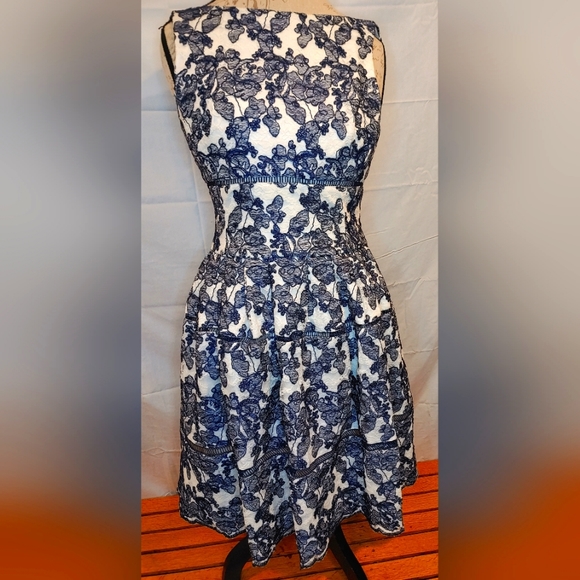 Eliza J Dresses & Skirts - ELIZA J Navy Blue / White Embroidered Lace Formal Sleeveless Lined Dress Size 4P